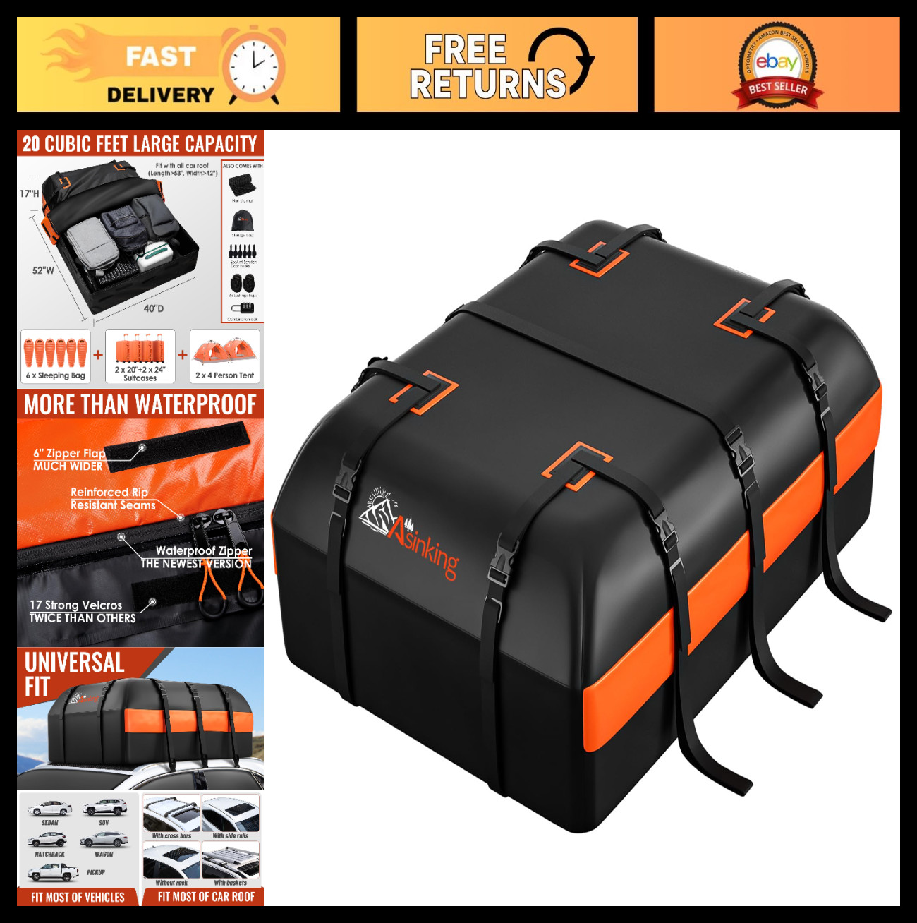 20 Cu Ft Waterproof Rooftop Cargo Carrier Bag - Heavy Duty, Anti-Slip, 6 Hooks, 20 Cu Ft Waterproof Rooftop Cargo Carrier Bag - Heavy Duty, Anti-Slip, 6 Hooks,