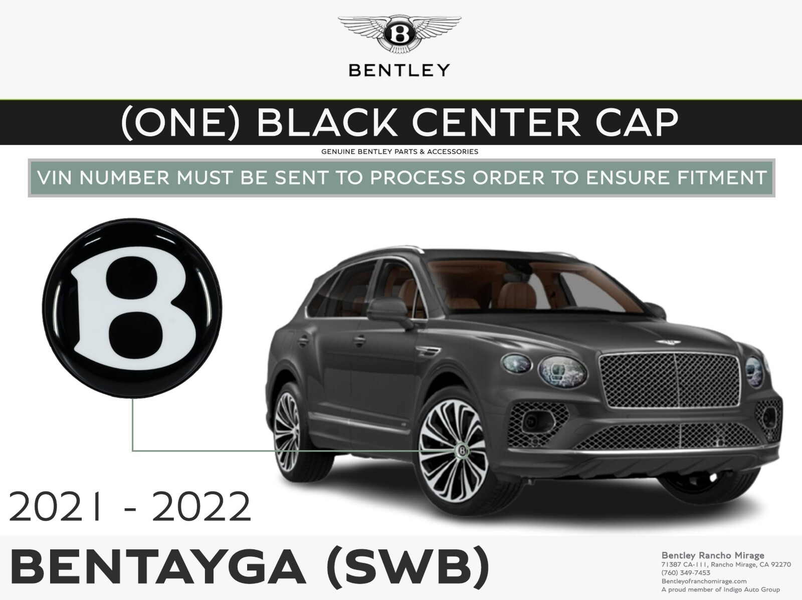 2021-2022 BENTLEY Bentayga SWB (ONE) BLACK CENTER CAP Genuine OEM *VIN VERIFIED*