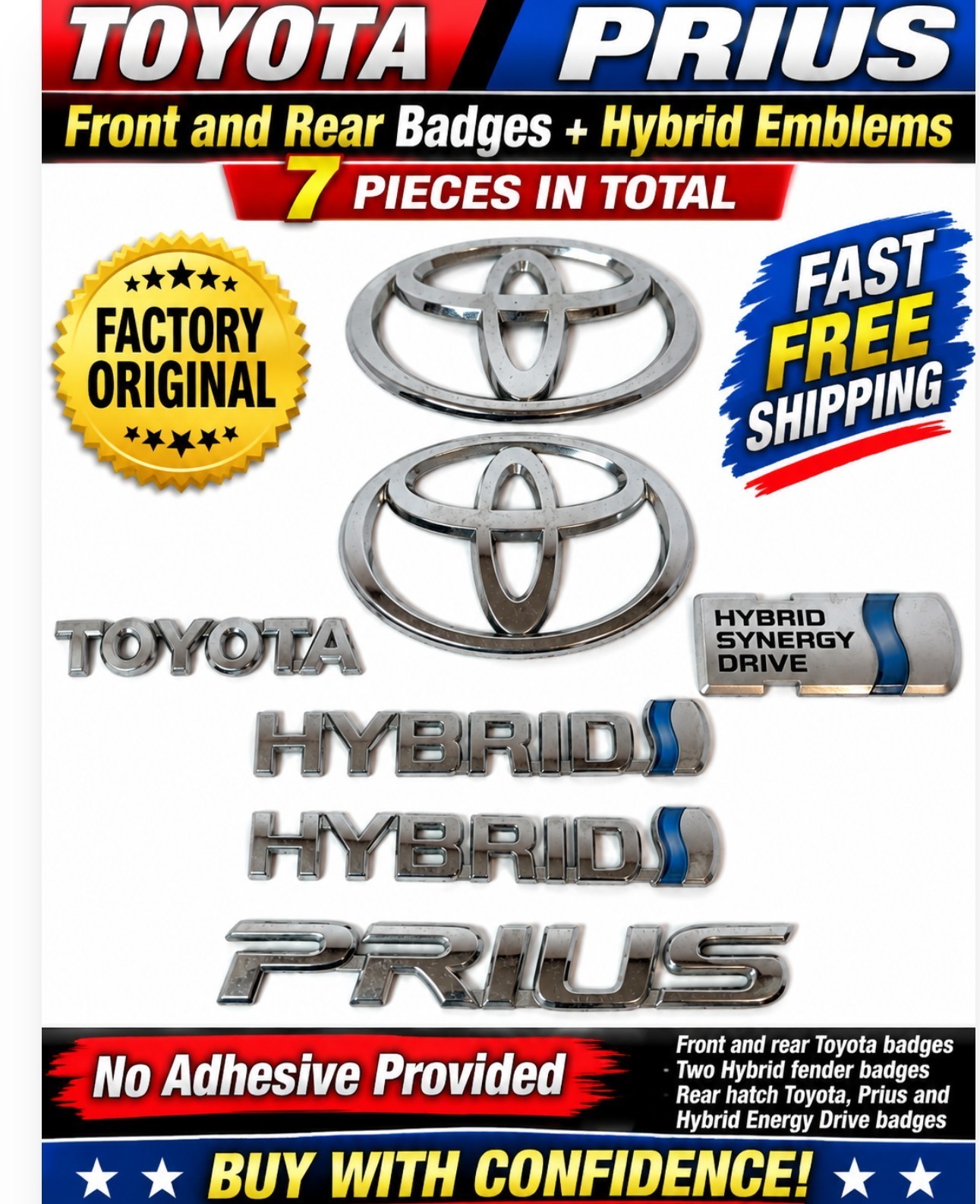 OEM ✅2004-09 TOYOTA PRIUS BADGE EMBLEM Full Set Original-Hood-Trunk -Sides-Rear✅