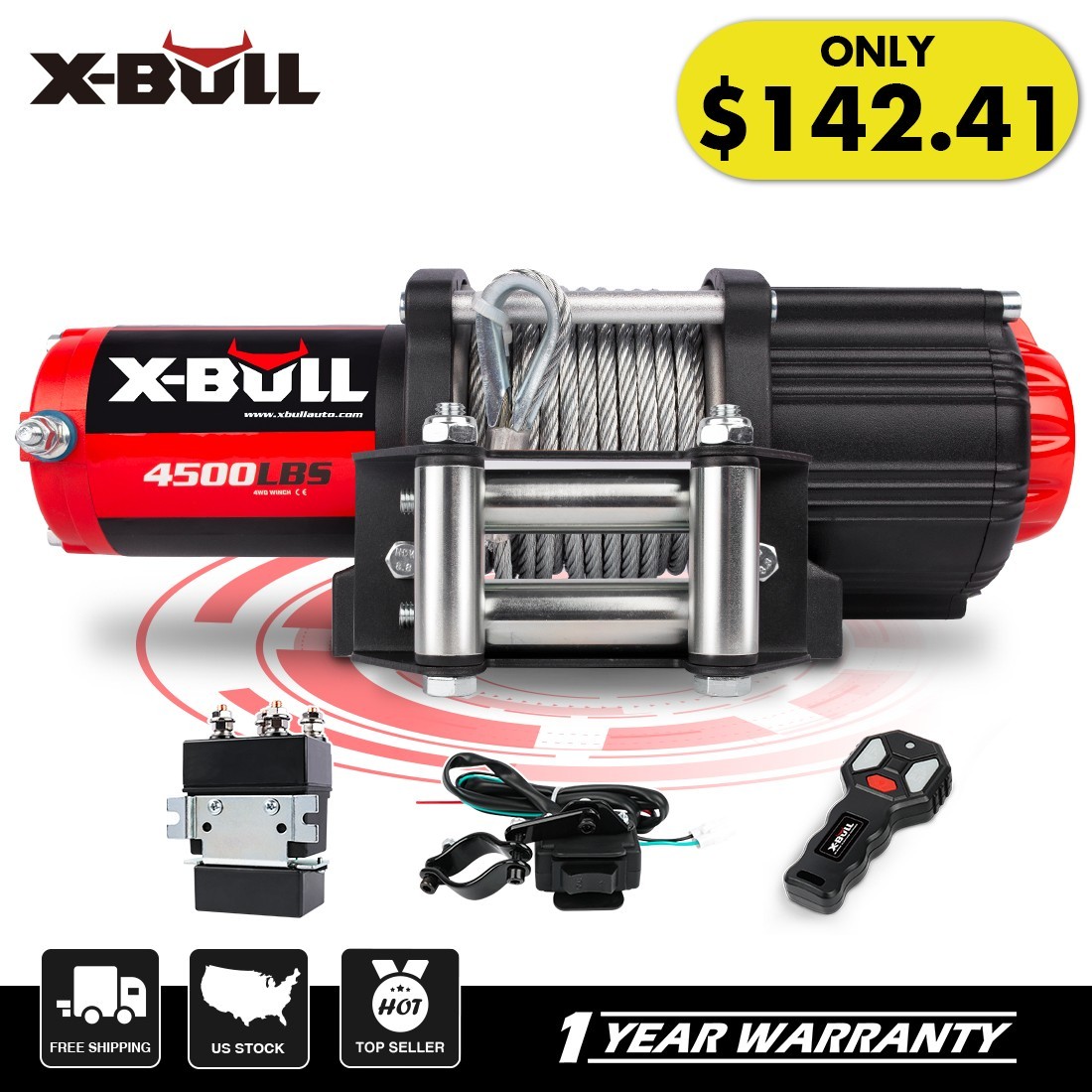 X-BULL 4500lbs Electric Winch 12V Cable Steel Truck Towing Off-Road  ATV UTV 4WD