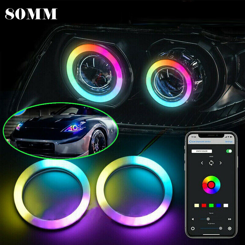 RGB 80MM COB LED Angel Eye Lights Set Halo Rings Phone APP Control Headlight DRL
