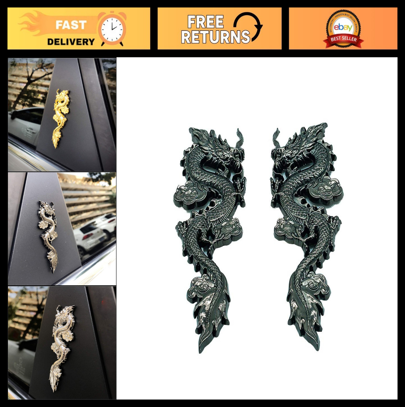 3D Dragon Metal Car Stickers - 2PCS Auto Motorcycle Logo Badge Emblems Decals