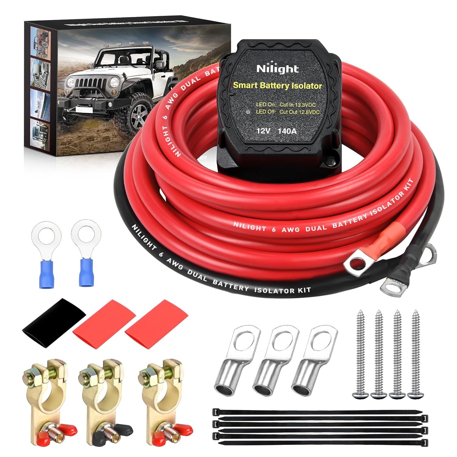 Nilight battery isolator switch UTV Dual 12V 140AMP with 6 AWG Power Cable