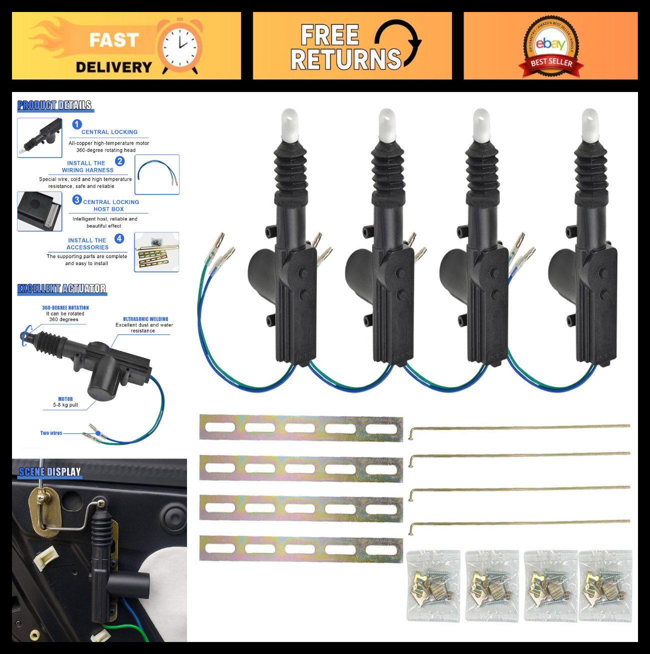 Universal Heavy Duty Car Power Door Lock Kit, 2-Wire 12V Actuator Set (4PCS)