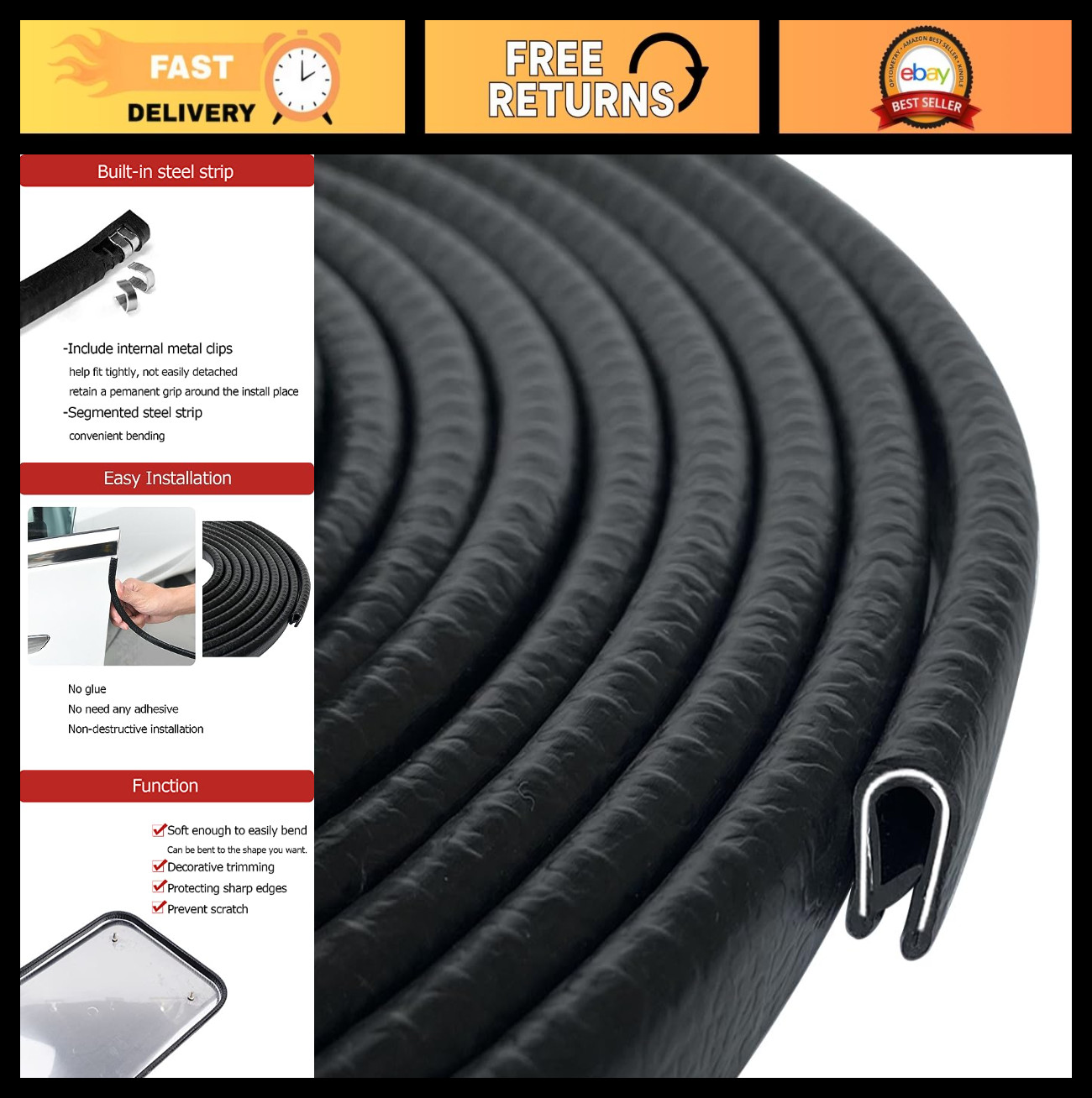 Flexible Rubber Edge Trim Seal Strip 26ft - U Channel for Sharp Edges, Automotiv Flexible Rubber Edge Trim Seal Strip 26ft - U Channel for Sharp Edges, Automotiv