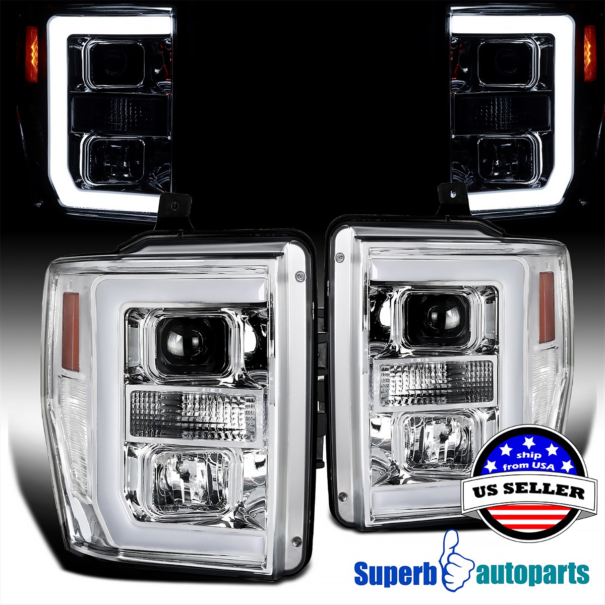 Fits 2008-2010 Ford F250 F350 F450 F550 Super Duty Projector Headlights LED Bar Fits 2008-2010 Ford F250 F350 F450 F550 Super Duty Projector Headlights LED Bar