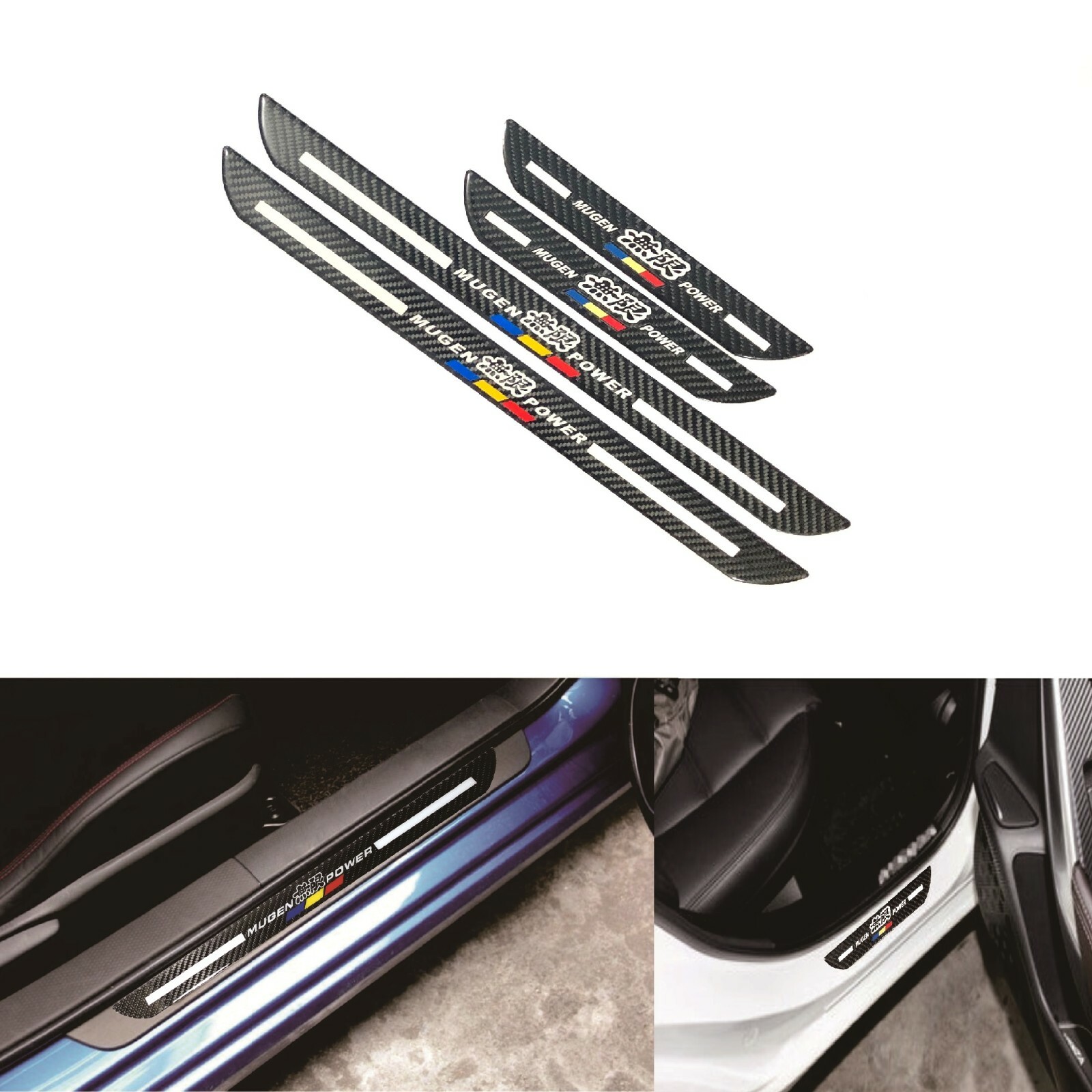 4x JDM Mugen Blk Carbon Fiber Car Door Welcome Plate Sill Scuff Cover Protector