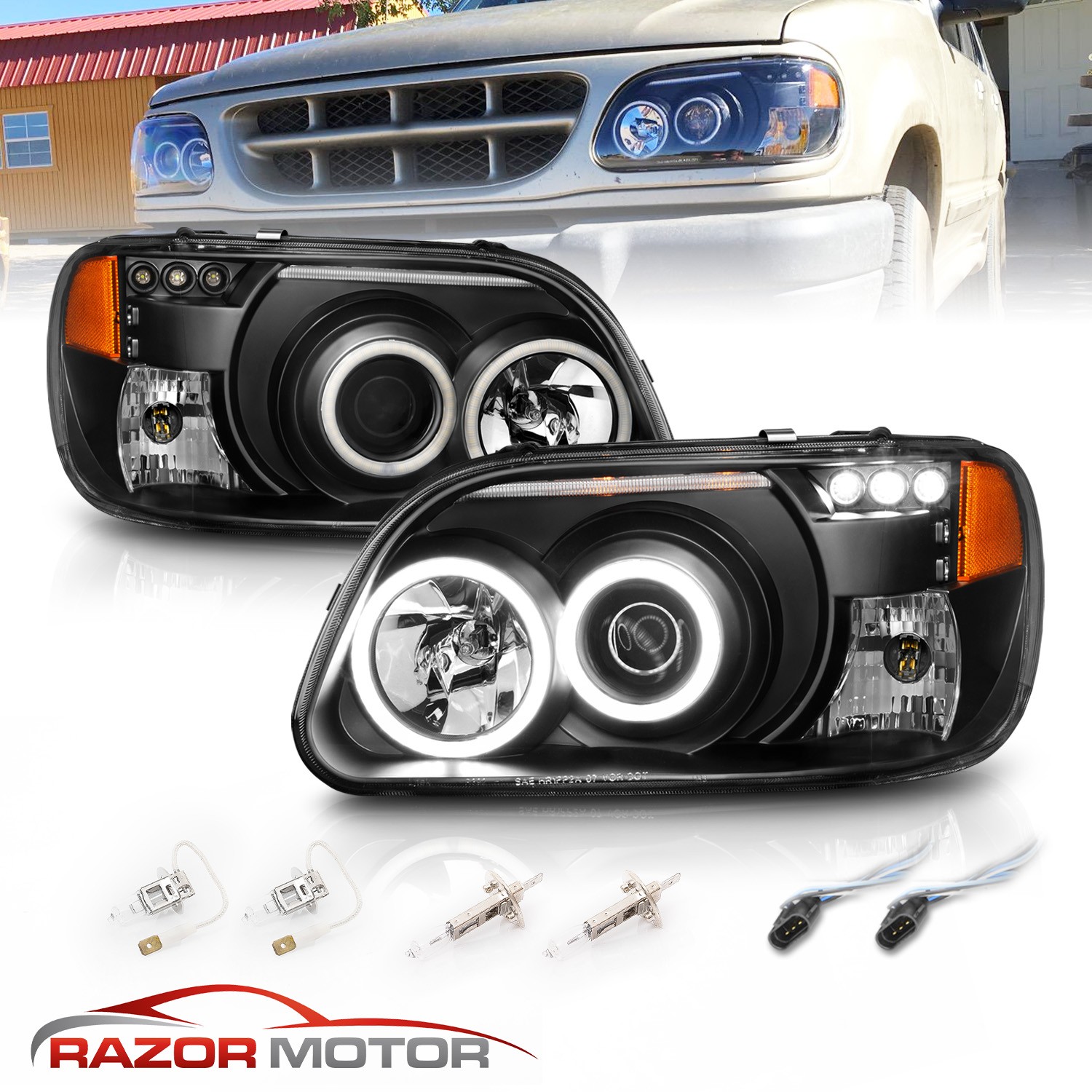 1995-2001 For Ford Explorer Black LED Halo Projector Headlights