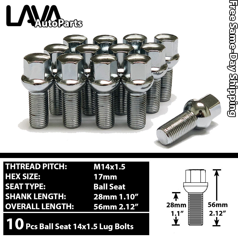 10PC CHROME 14X1.5 BALL SEAT LUG BOLT 28/40/45MM SHANK FIT MERCEDES STOCK WHEEL