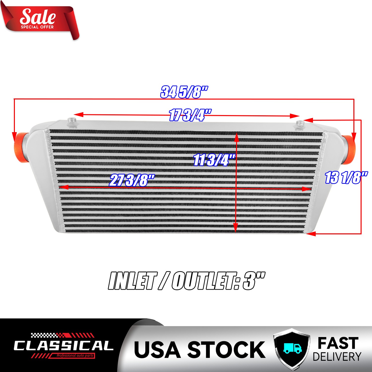 Aluminum Universal Turbo Intercooler Silver Core Size: 27 1/2\