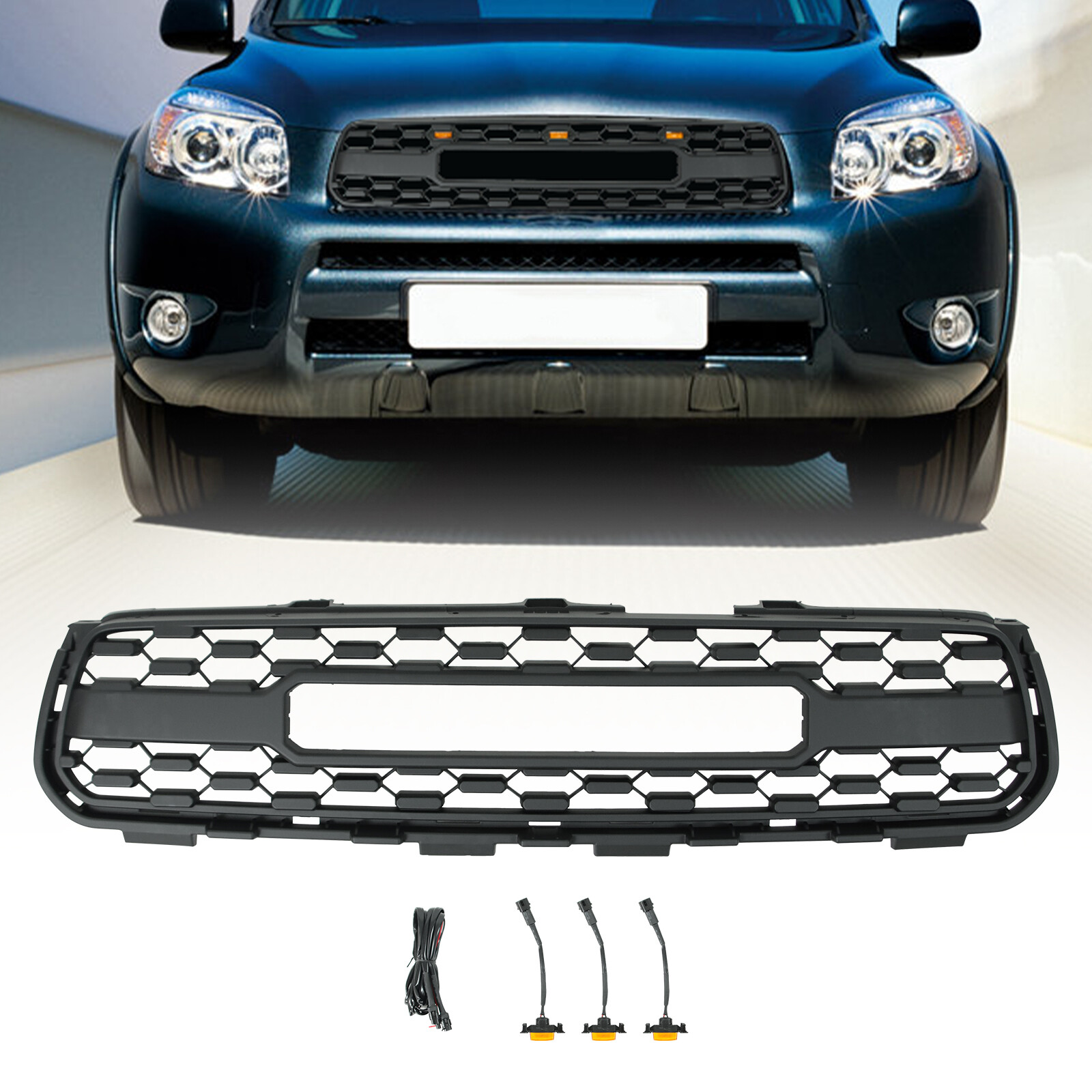 Black Front Bumper Grille Grill For 2006-2008 TOYOTA RAV4 W/LED LIGHTS