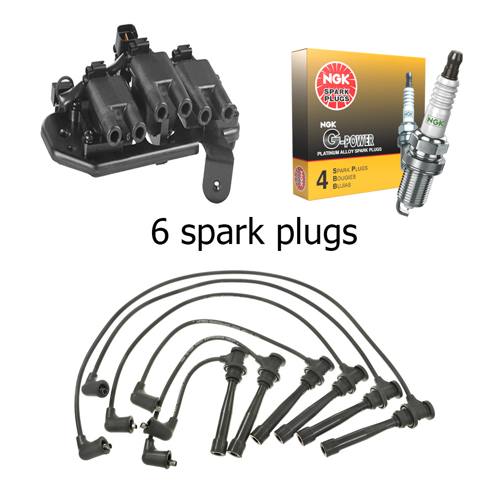 Ignition Coil & Wire & 6 NGK Platinum Spark Plug for 01-04 Hyundai Santa Fe 2.7L