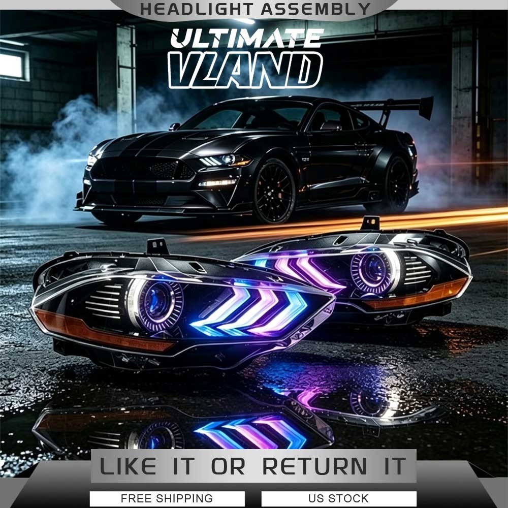 VLAND Pair RGB LED Headlights For 2018-2022 Ford Mustang W/Sequential Indicator VLAND Pair RGB LED Headlights For 2018-2022 Ford Mustang W/Sequential Indicator