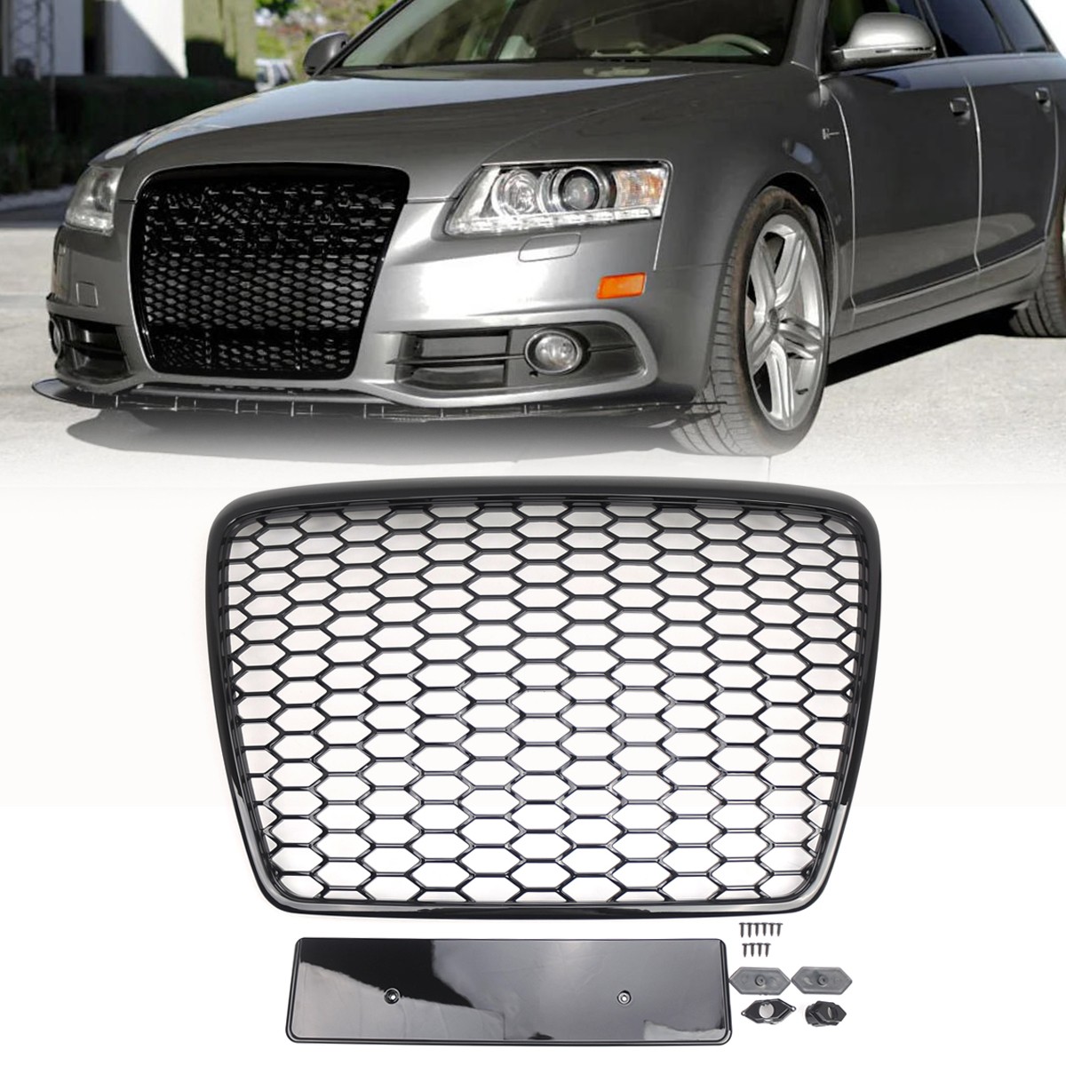 For 2005-2011 Audi A6 S6 RS6 style Front Bumper Glossy Black Mesh Grill Grille