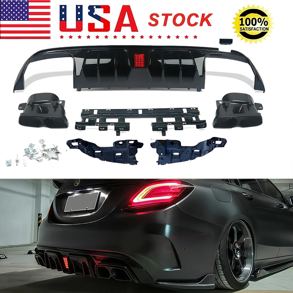Gloss Black Rear Diffuser W/ LED Light Exhaust Tips for 15-21 Mercedes Benz W205