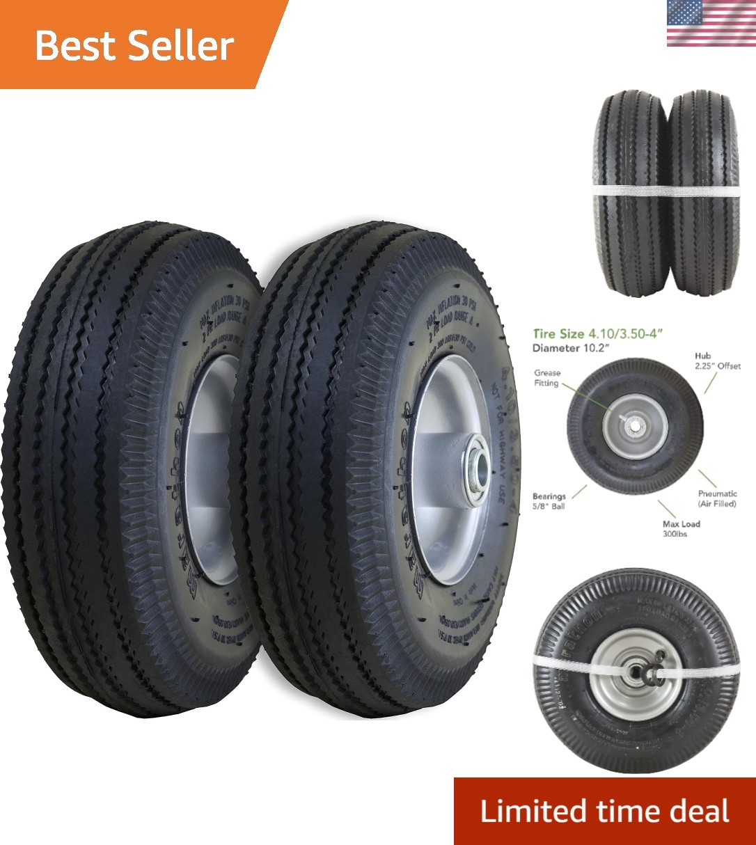 Durable 4.10/3.50-4 Pneumatic Tires for Hand Trucks - 2 Pack with 300lb Capacity