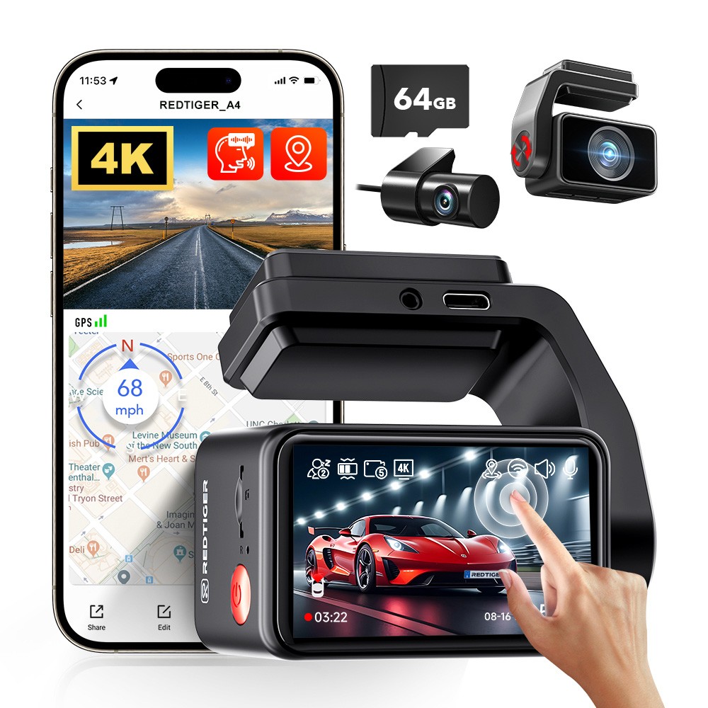 REDTIGER A4 Dash Cam Front and Rear,4K Car Dash Camera with GPS,Wifi,64GB Card
