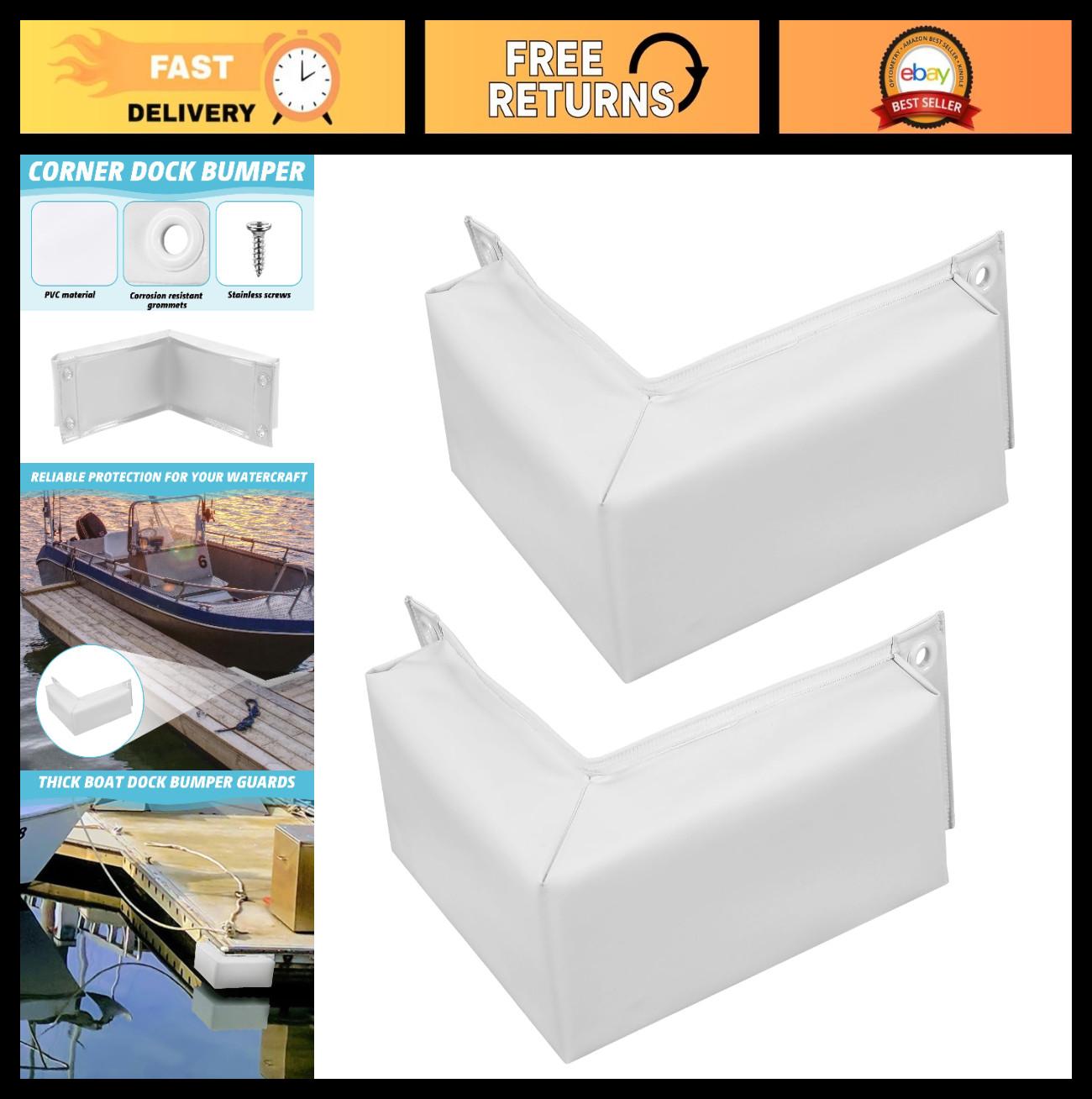 2 Pcs Marine Corner Dock Bumpers with Screws - Soft Edge Guards for Boat Docking