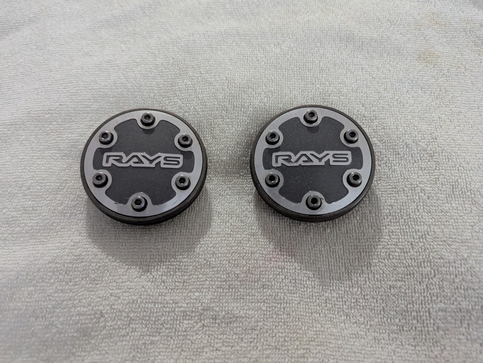 Genuine RAYS RF-GG-3 Wheel Center Caps Pair Used  Rare Discontinued nice 