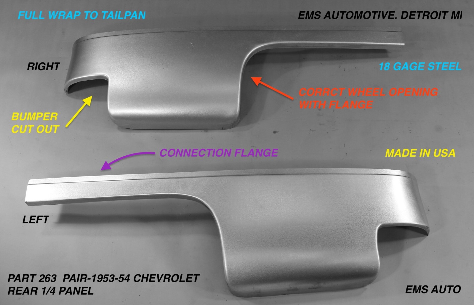 1953, 1954 CHEVROLET LOWER REAR 1/4 PANEL,#263 PAIR, EMS AUTO, MADE IN USA 1953, 1954 CHEVROLET LOWER REAR 1/4 PANEL,#263 PAIR, EMS AUTO, MADE IN USA