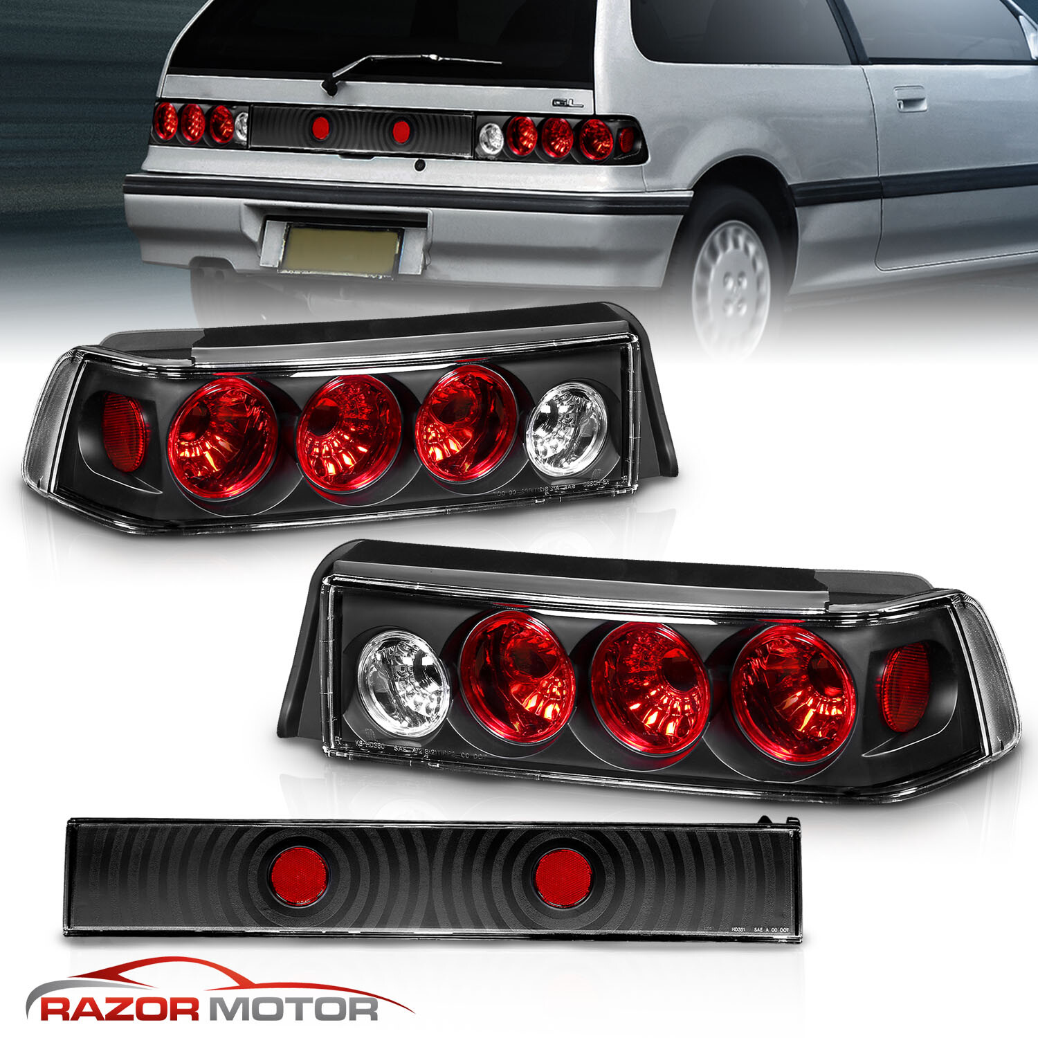 For 1988-1991 Honda Civic CX/DX/Si/Base 3DR Black Tail Lights Rear Brake Lamps