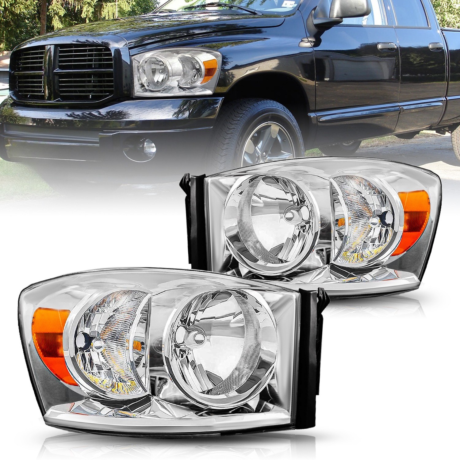 2Pcs Pair Headlights For 2006-2009 Dodge Ram 1500 2500 3500 Amber Reflector 2Pcs Pair Headlights For 2006-2009 Dodge Ram 1500 2500 3500 Amber Reflector