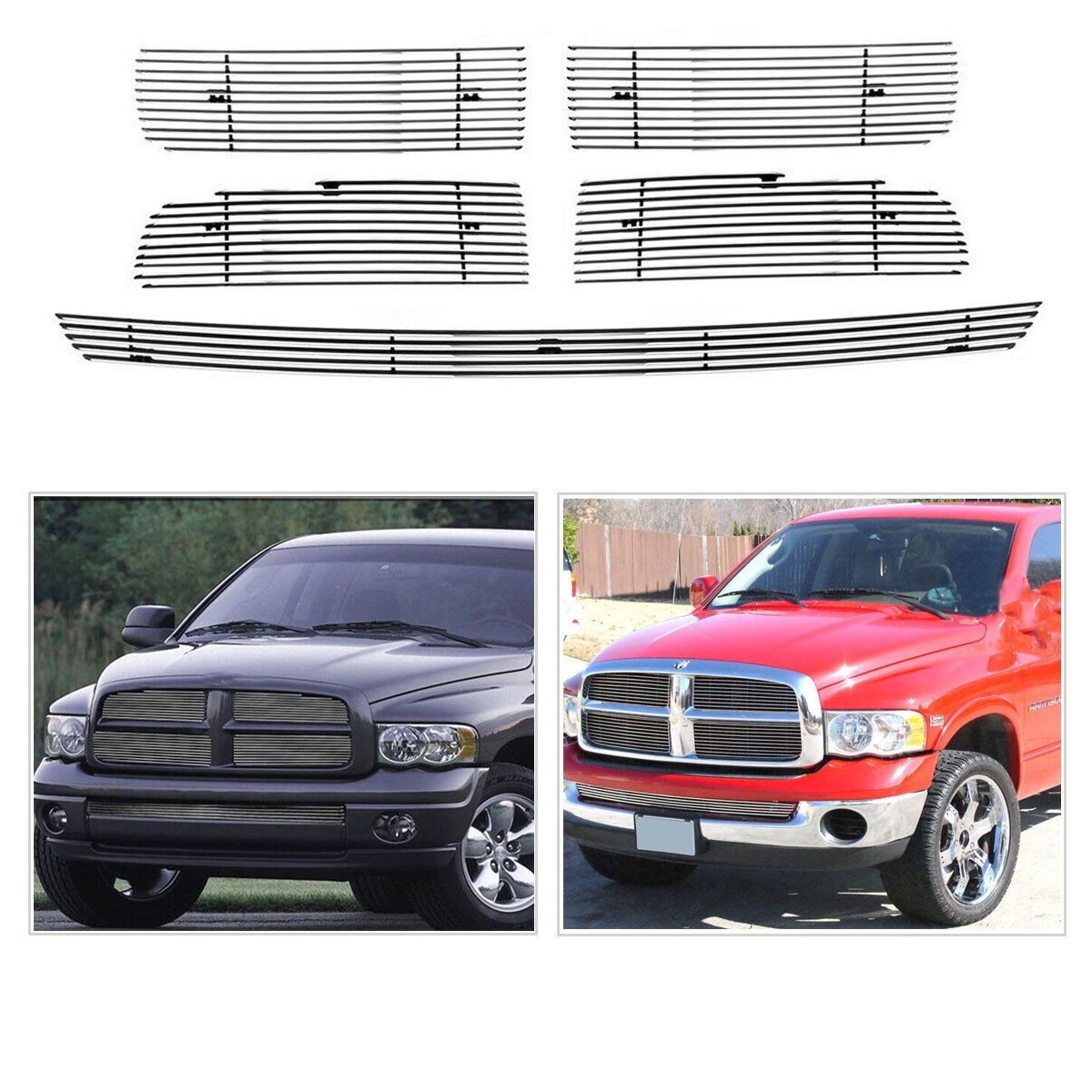 Billet Grille Fits 2002-2005 Dodge Ram Regular Model Chrome Front Grill Combo