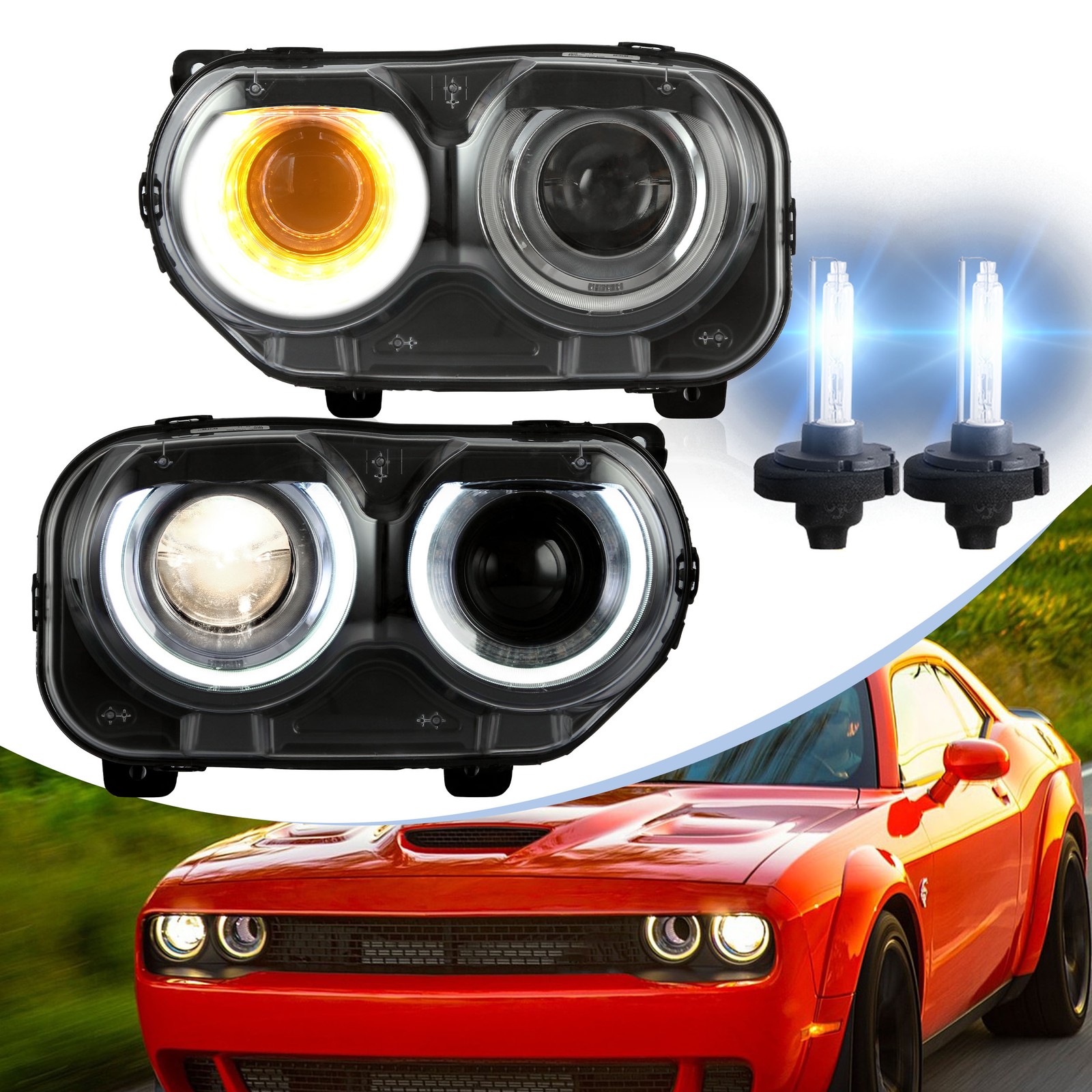 VLAND Headlights RGB DRL+D2H Bulbs Kits Set For 2015-2023 Dodge Challenger GT VLAND Headlights RGB DRL+D2H Bulbs Kits Set For 2015-2023 Dodge Challenger GT
