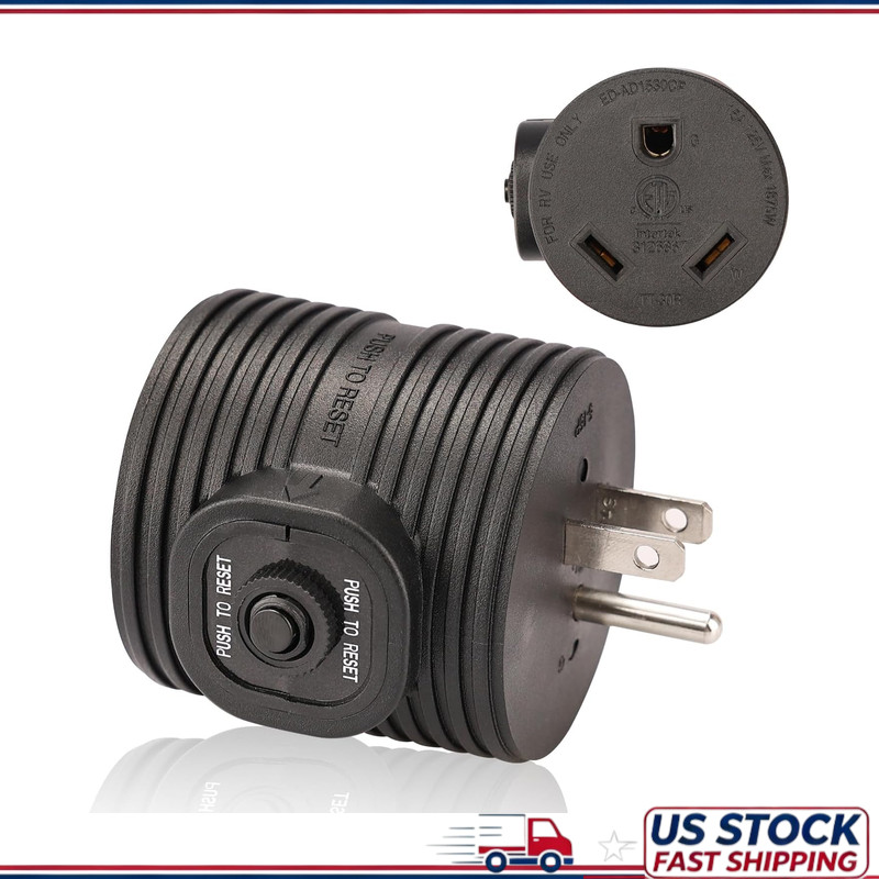 30 Amp 110V RV Power Adapter Plug Circuit Breaker, NEMA 5-15Pack to TT-30R 30 Amp 110V RV Power Adapter Plug Circuit Breaker, NEMA 5-15Pack to TT-30R