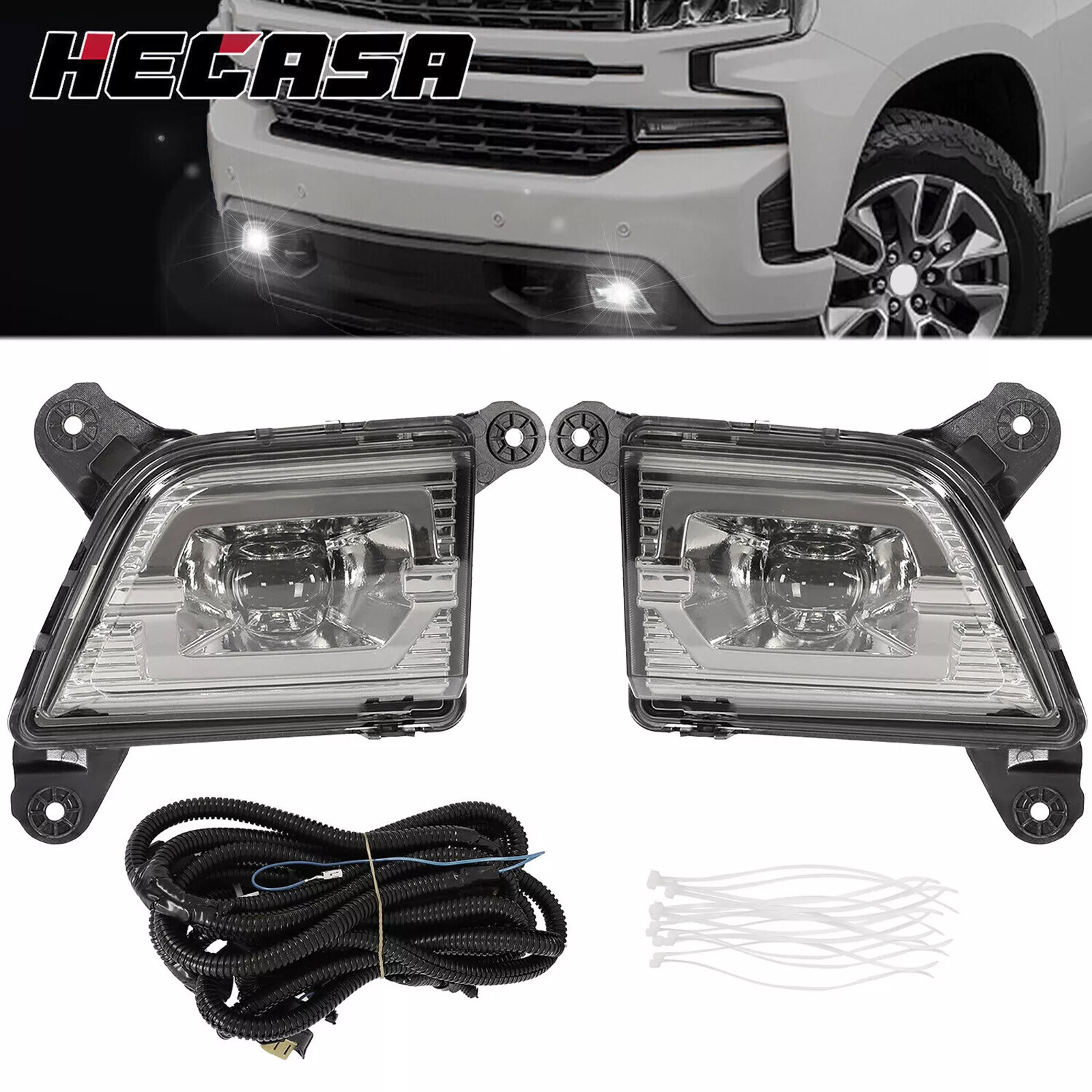 HECASA LED Fog Lights Lamp w/Harness For Chevy Silverado 1500 2019-2022