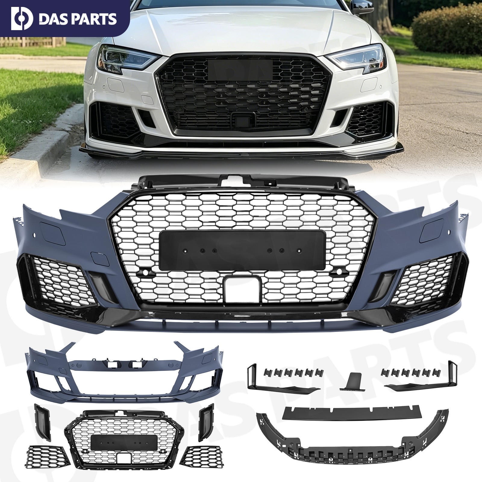 For 2017-19 Audi A3 S3 Front Bumper Cover Grille Facelift Set Gloss Black W/Hole