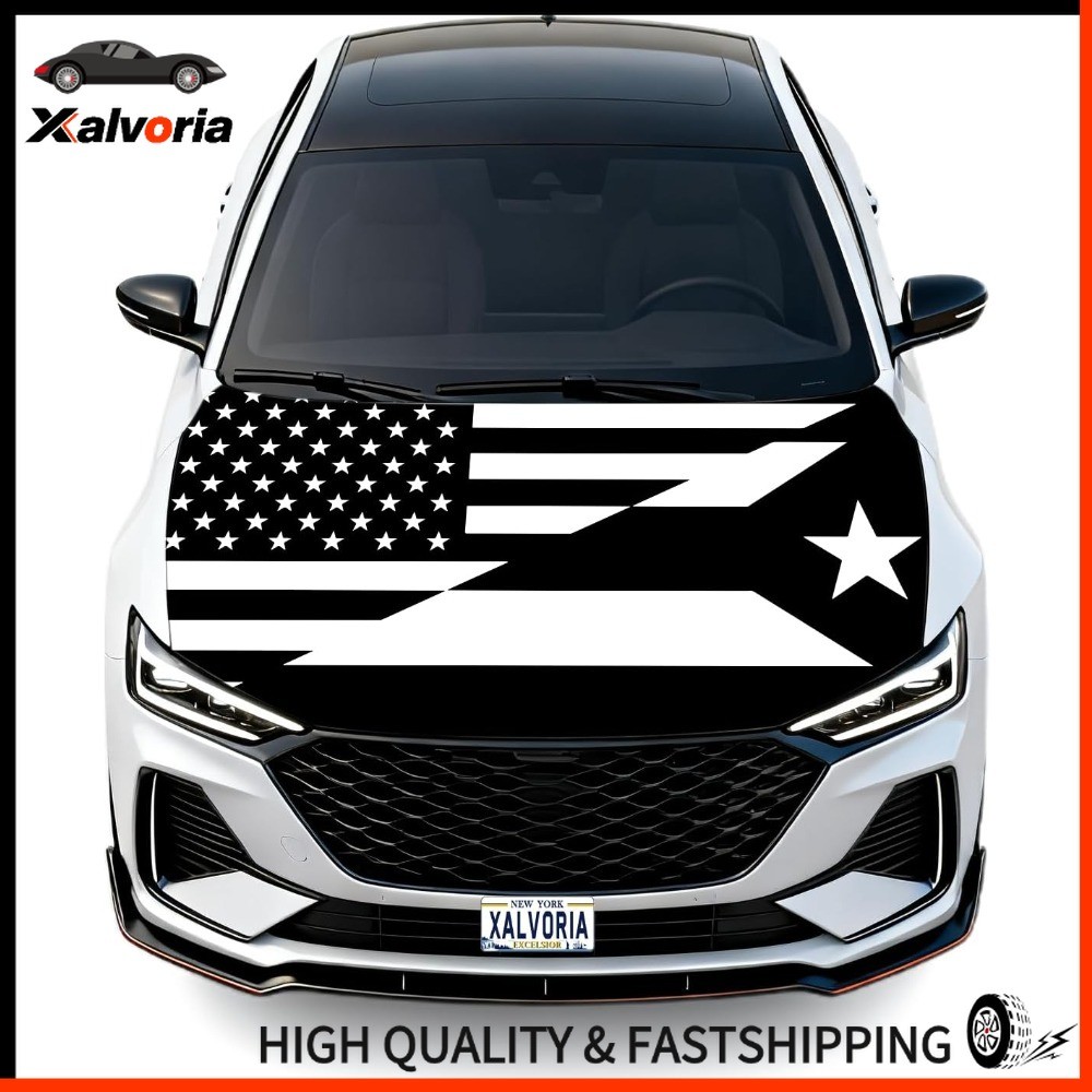 USA & Puerto Rico Black White Flag Car Hood Covers Vibrant Colors, Universal Fit