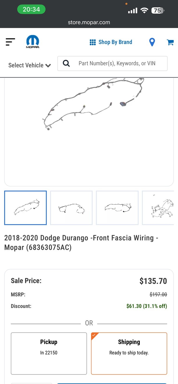 2018-2020 DODGE DURANGO FRONT FASCIA WIRING HARNESS NEW MOPAR GENUINE 68363075AC 2018-2020 DODGE DURANGO FRONT FASCIA WIRING HARNESS NEW MOPAR GENUINE 68363075AC