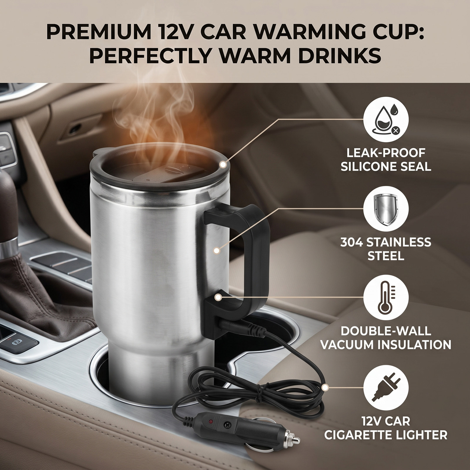 Heated Travel Mug Universal Car Electric Heating Bottle Cup 304 Stainless Steel