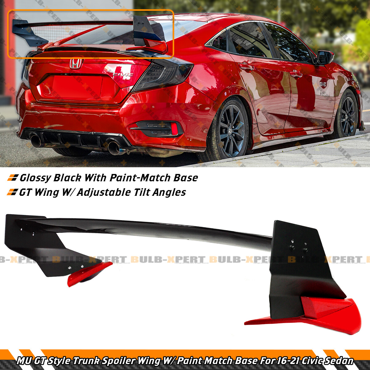 For 2016-2021 Honda Civic Sedan MU GT Style 2 Tone Red Black Trunk Spoiler Wing