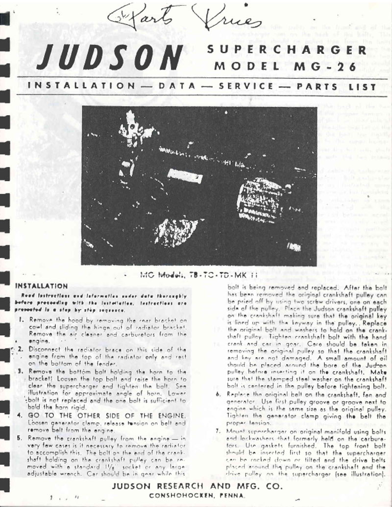 Judson Supercharger Model MG-26 Service data Judson Supercharger Model MG-26 Service data