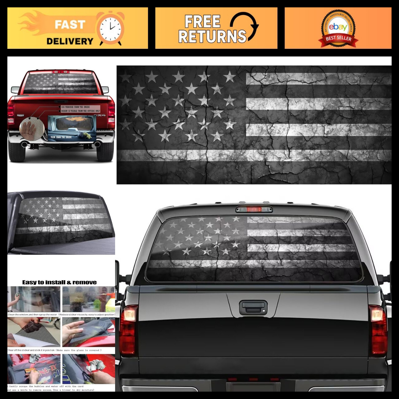 Patriotic American Flag Truck Window Decal | Perforated Rear Film Sticker | USA