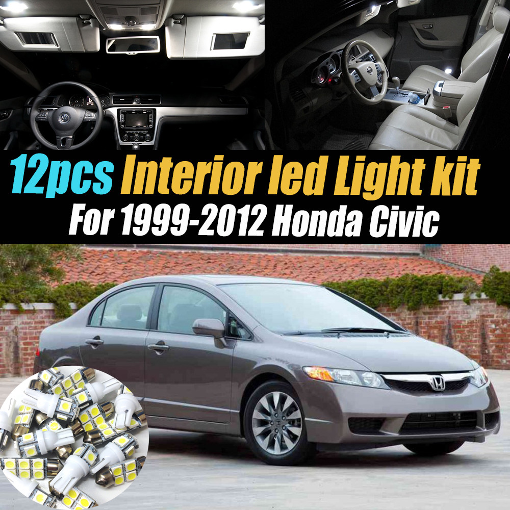 12Pc Super White Interior LED Light Bulb Kit Pack for 1999-2012 Honda Civic