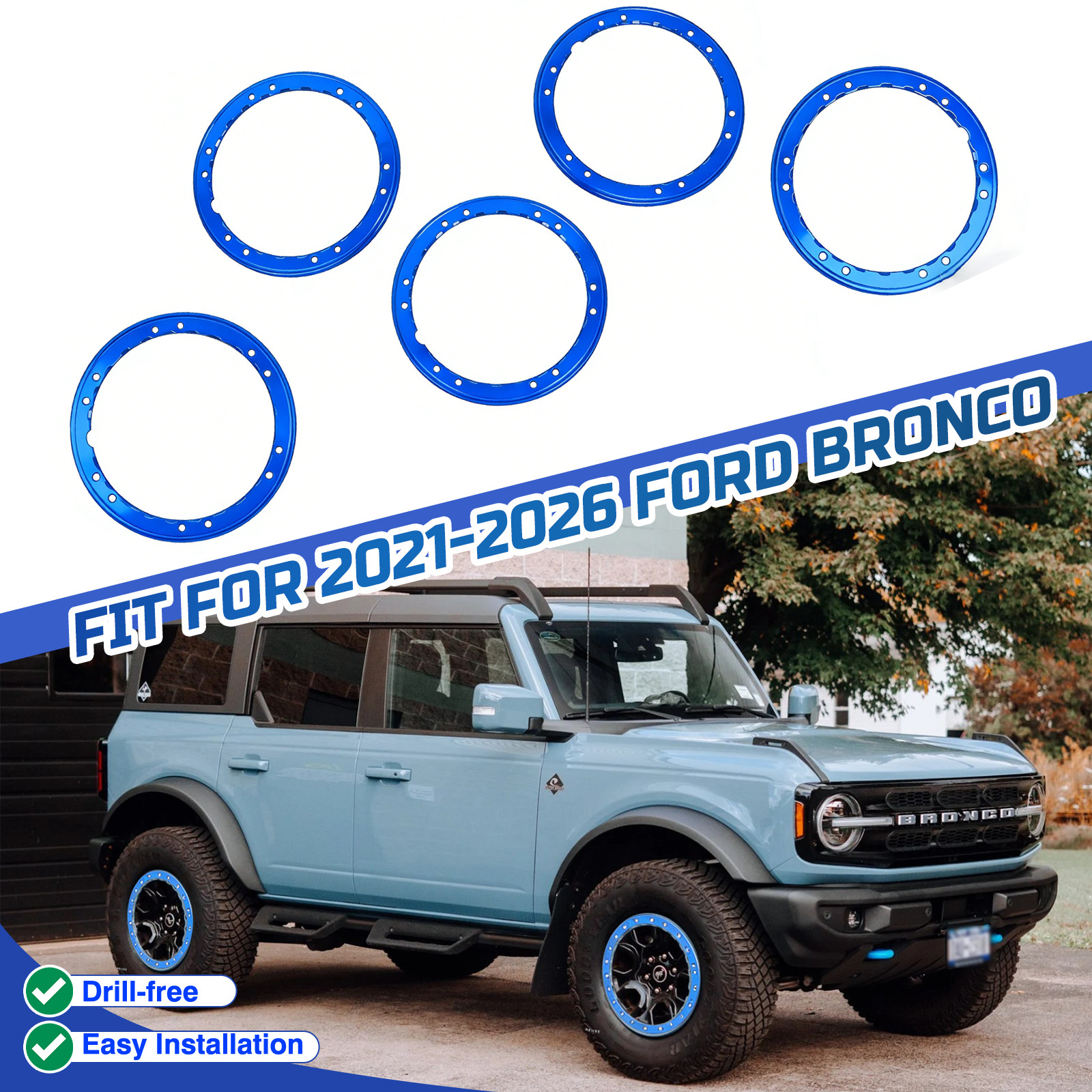 5X Blue Bead Lock Wheel Trim Rings Kit For 2021-2026 Ford Bronco Sasquatch NEW