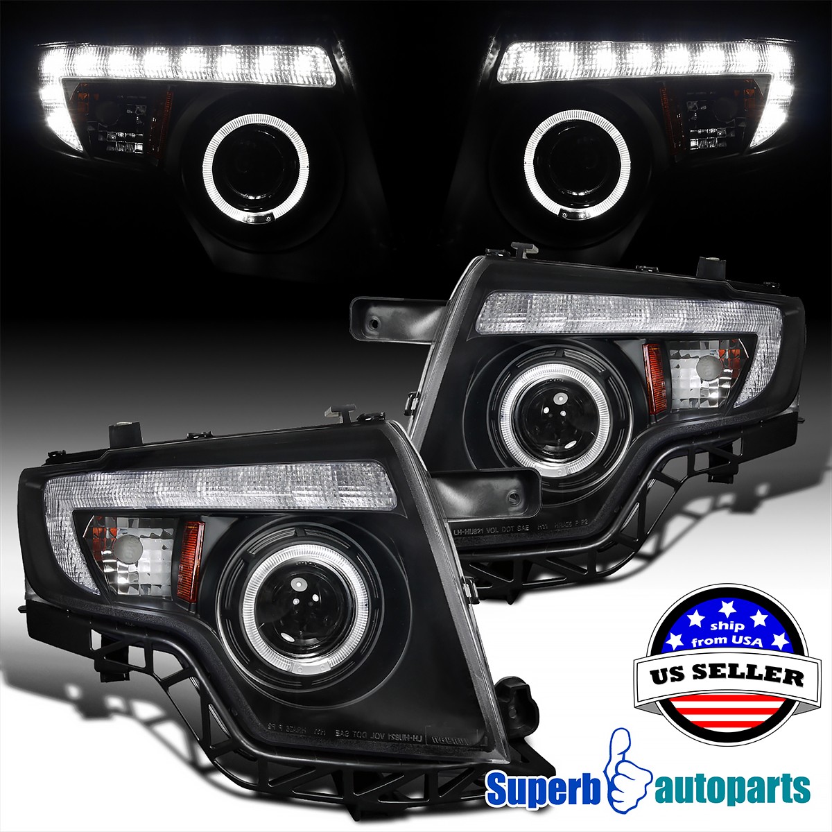 Fits 2007-2010 Ford 07-10 Edge Black Halo Projector Headlights LED Strip Lights Fits 2007-2010 Ford 07-10 Edge Black Halo Projector Headlights LED Strip Lights