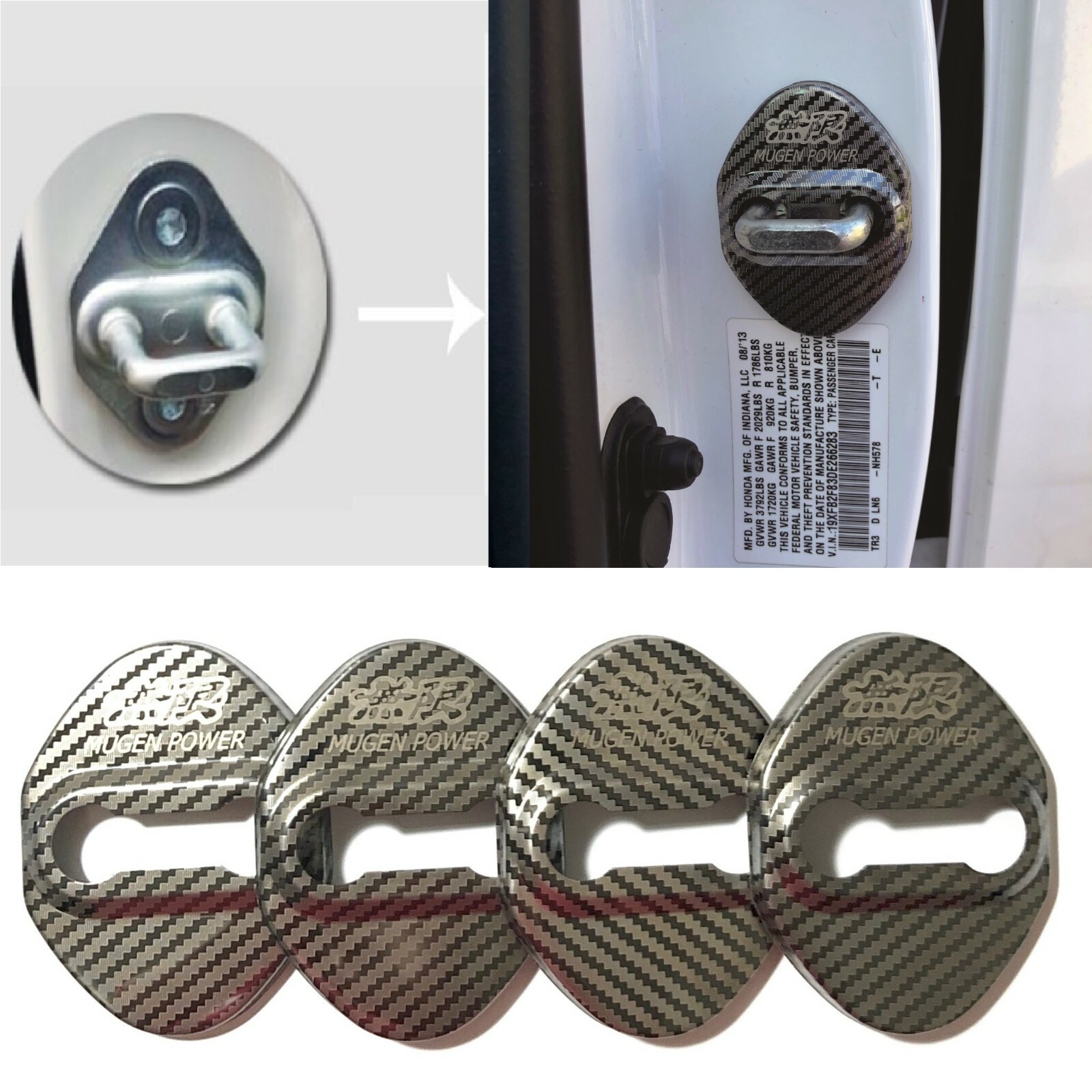 4x JDM Mugen carbon Stainless Steel Car Door Lock Protective Cover Case Sticker 
