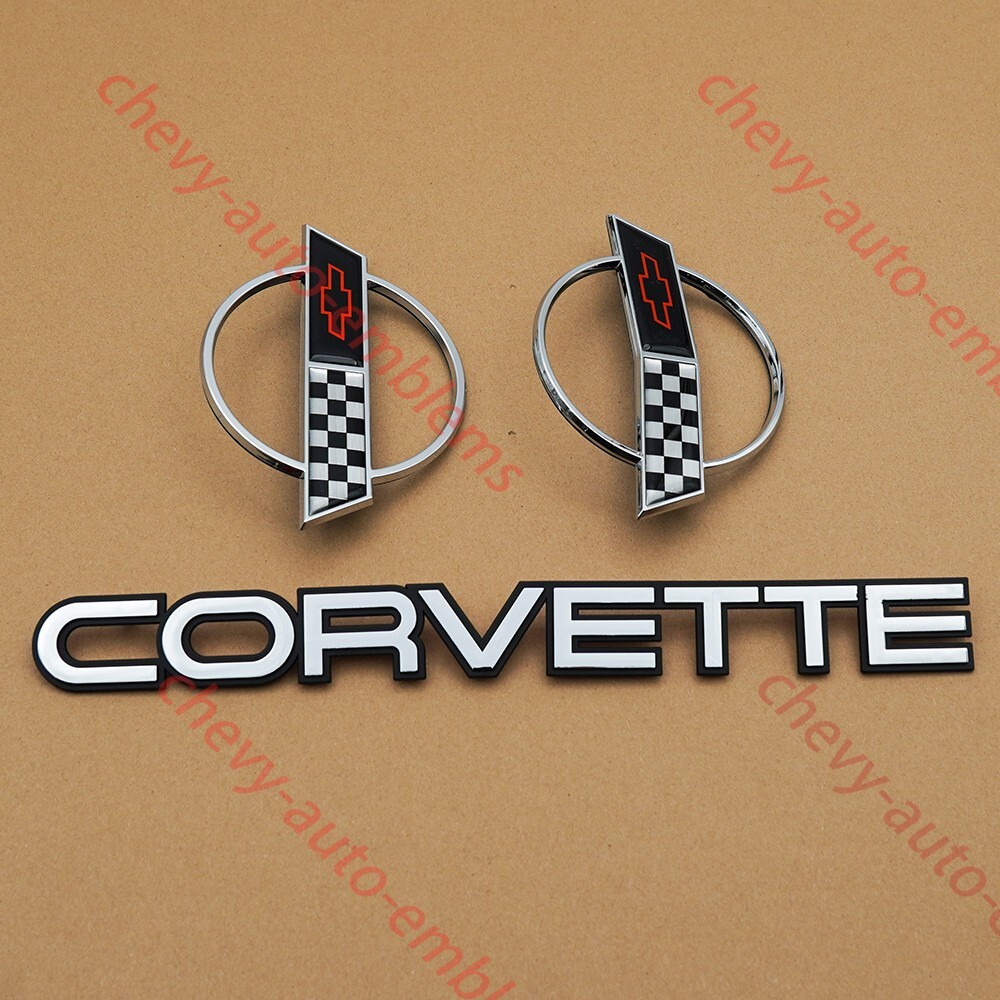 Set of 3 Chrome 84-96 C4 Front Nose & Rear Gas Lid Emblems Script Letters Badges